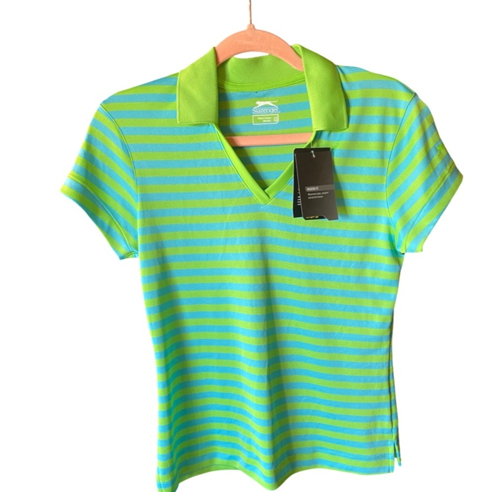 Slazenger Stripe Flash Green Blue Polo Golf Shirt Women’s XS NWT Athleisure Luxe